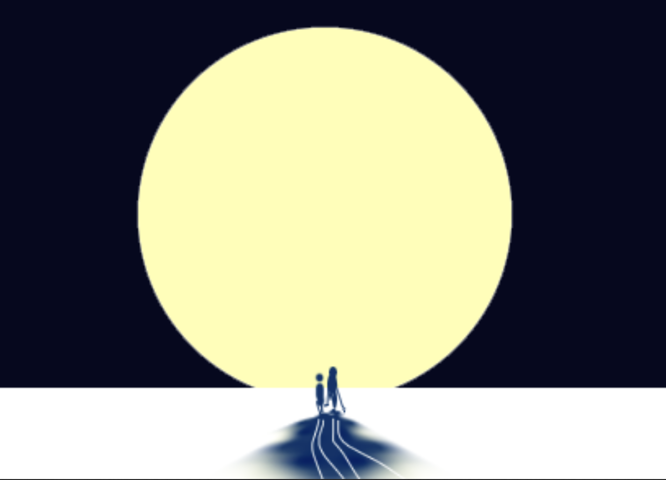 A graphic of a large moon in front off what appear to be two skiers and their shadow on the snow